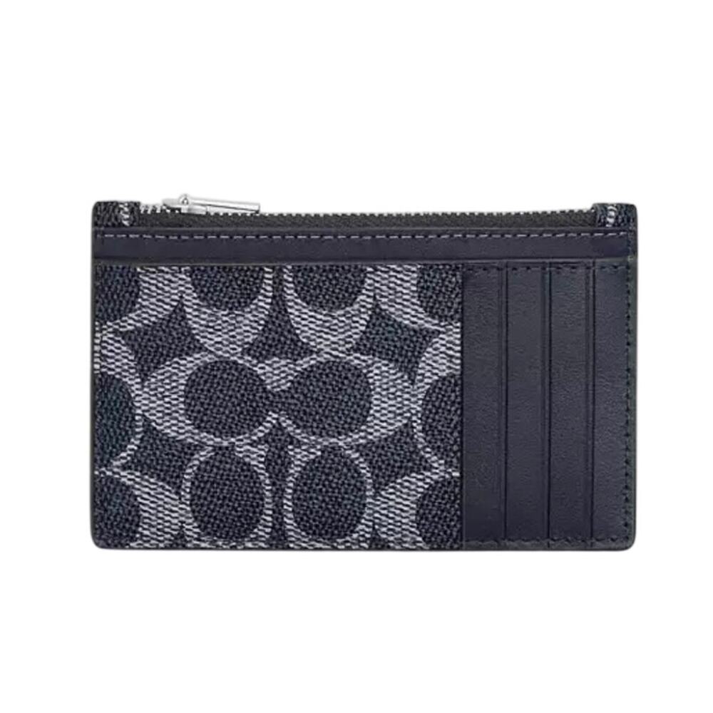 Coach Signature Zip Card Case Silver / Dark Denim NWT